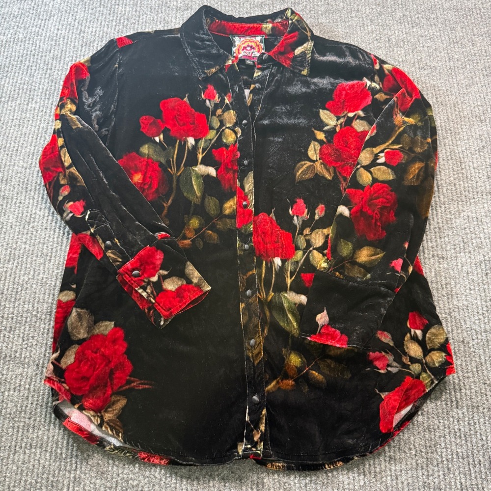 Johnny Was Button Down Shirt Womens S Black Floral Velvet Luxury Whimsigoth Boho